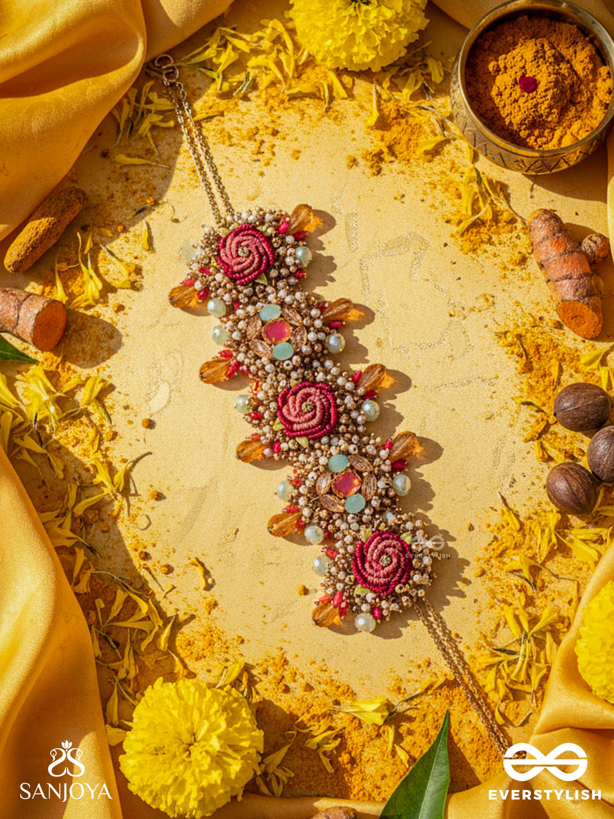 Gulratna - Jewel Of Roses - Handcrafted Rose Choker With Beaded Fringes, Pearls And Gem Details
