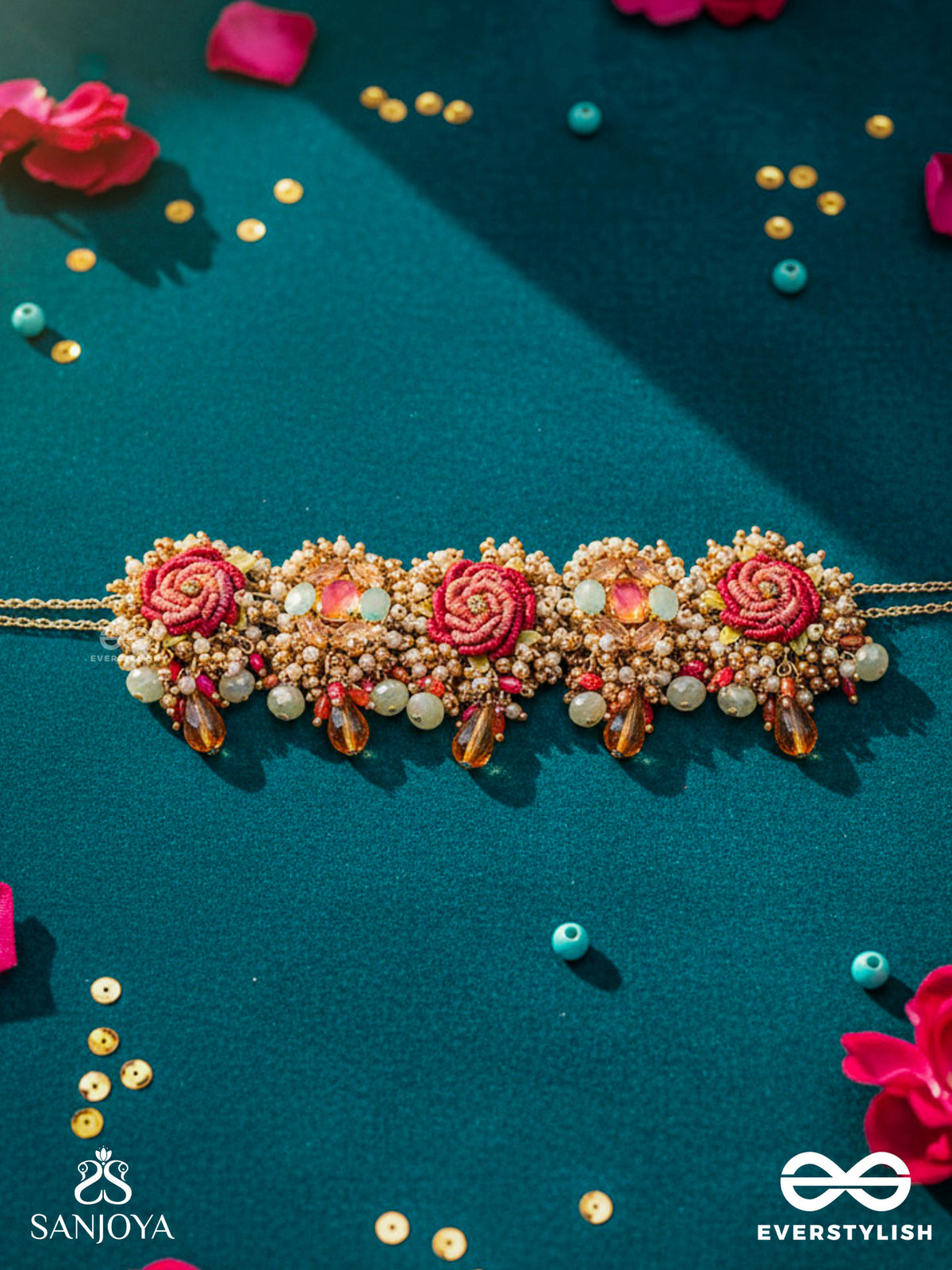 Gulratna - Jewel Of Roses - Handcrafted Rose Choker With Beaded Fringes, Pearls And Gem Details