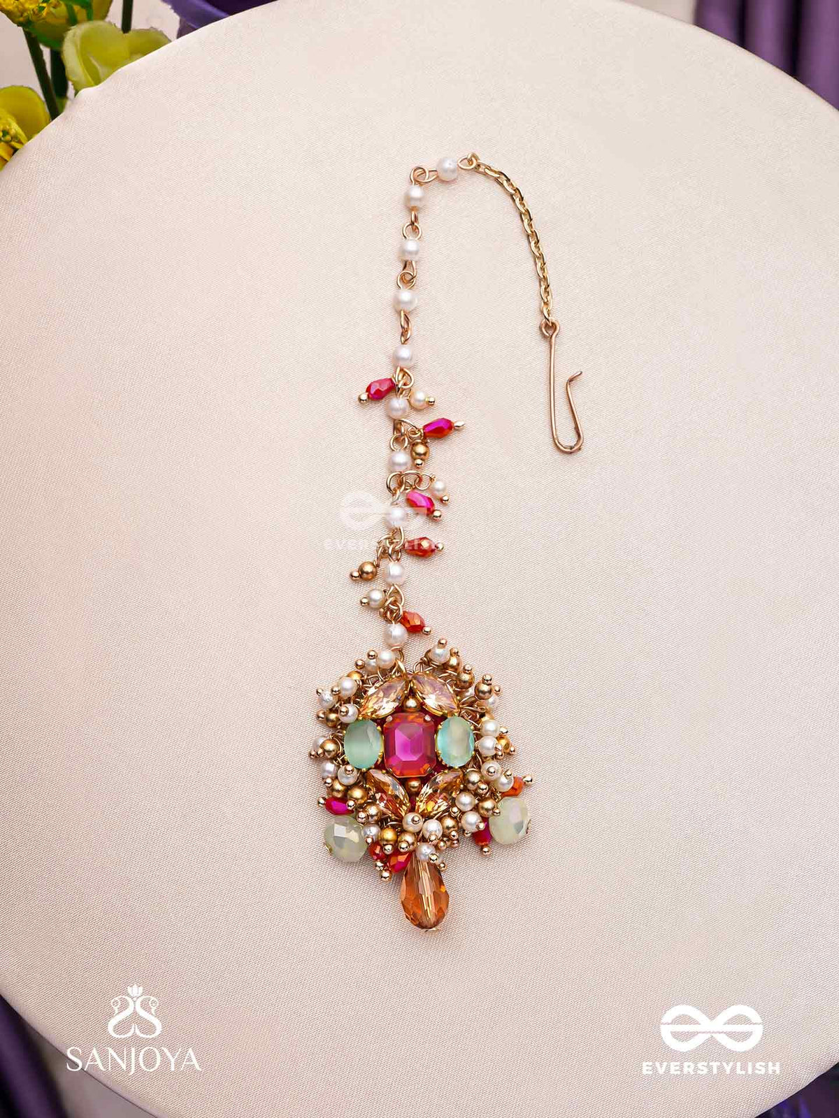 Gulratna - Jewel Of Roses - Handcrafted Rose Maangtika With Beaded Fringes, Pearls And Gem Details
