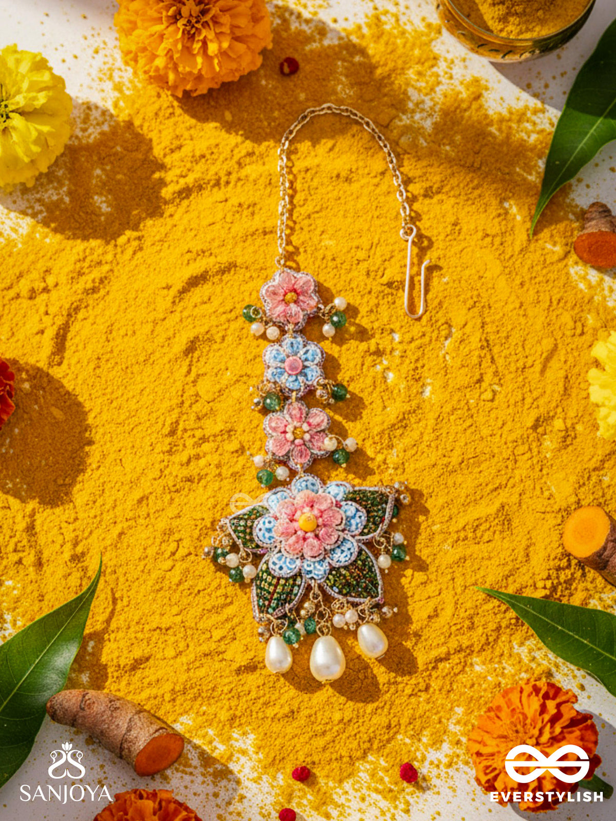 Madhuvrata - Spring Bloom - Delicate Embroidered Maangtika With Floral Motifs, Beads And Pearl Drops