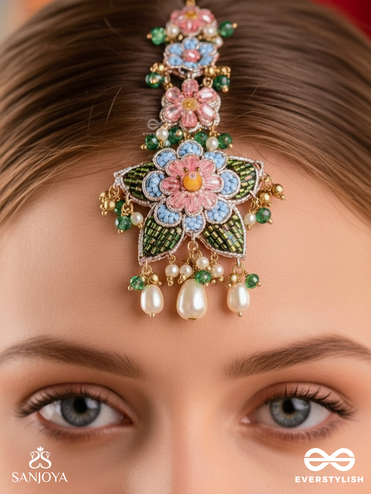 Madhuvrata - Spring Bloom - Delicate Embroidered Maangtika With Floral Motifs, Beads And Pearl Drops