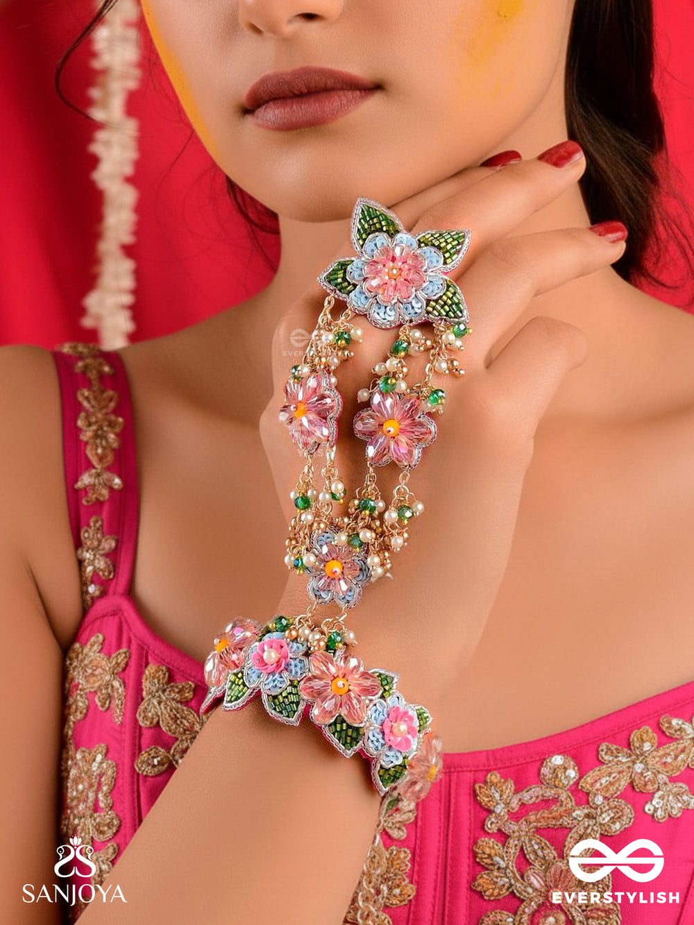 Madhuvrata - Spring Bloom - Delicate Embroidered Haathphool With Floral Motifs, Beads And Pearls