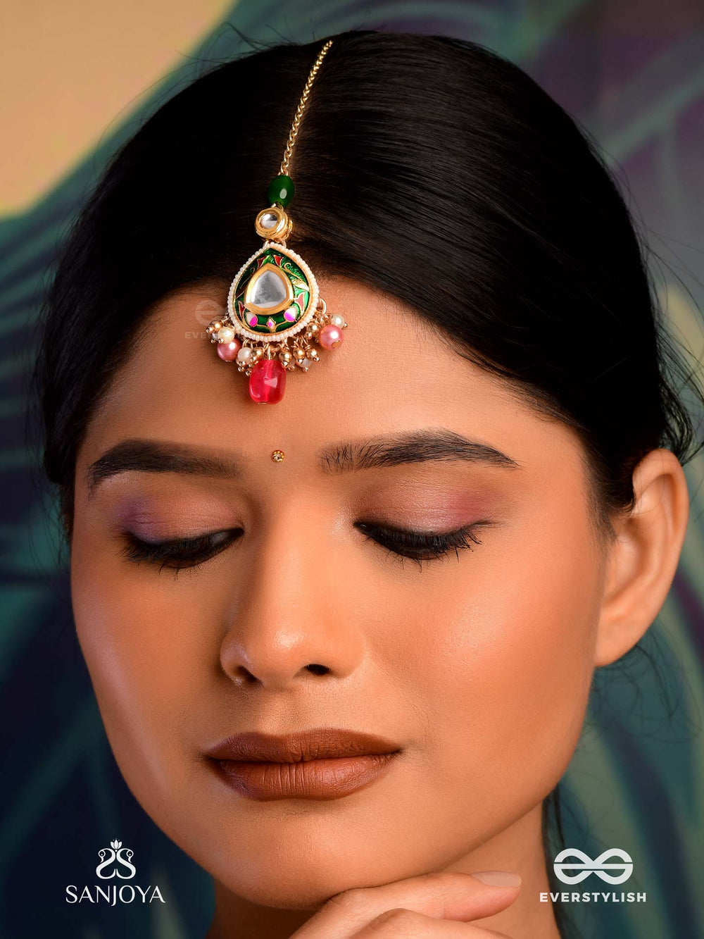 Kiranmala - Garland Of Rays- Exquisite Enamelled Kundan Maangtika With Multicolored Drops And Pearls