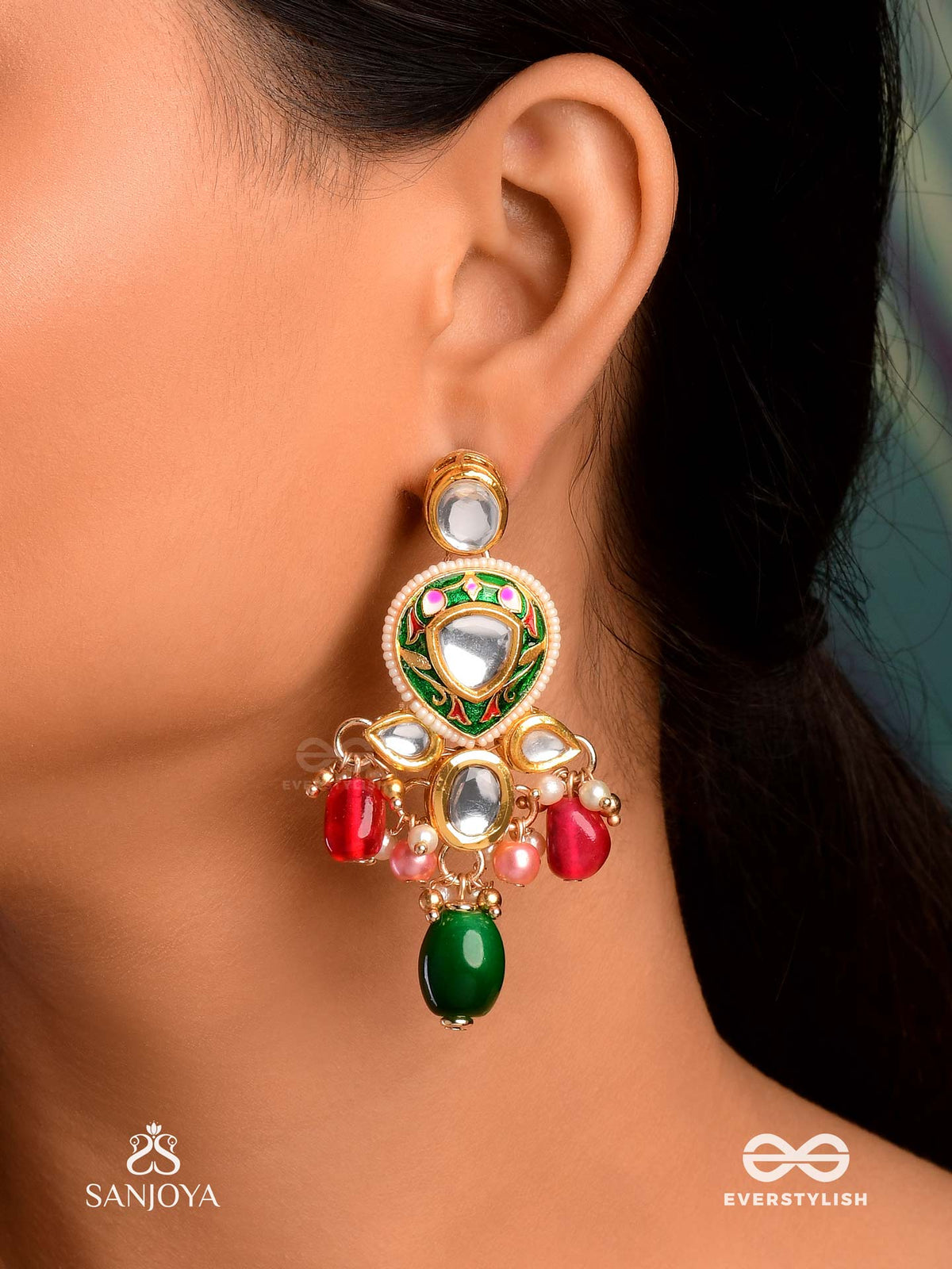Kiranmala - Garland Of Rays- Exquisite Enamelled Kundan Earrings With Multicolored Drops And Pearls