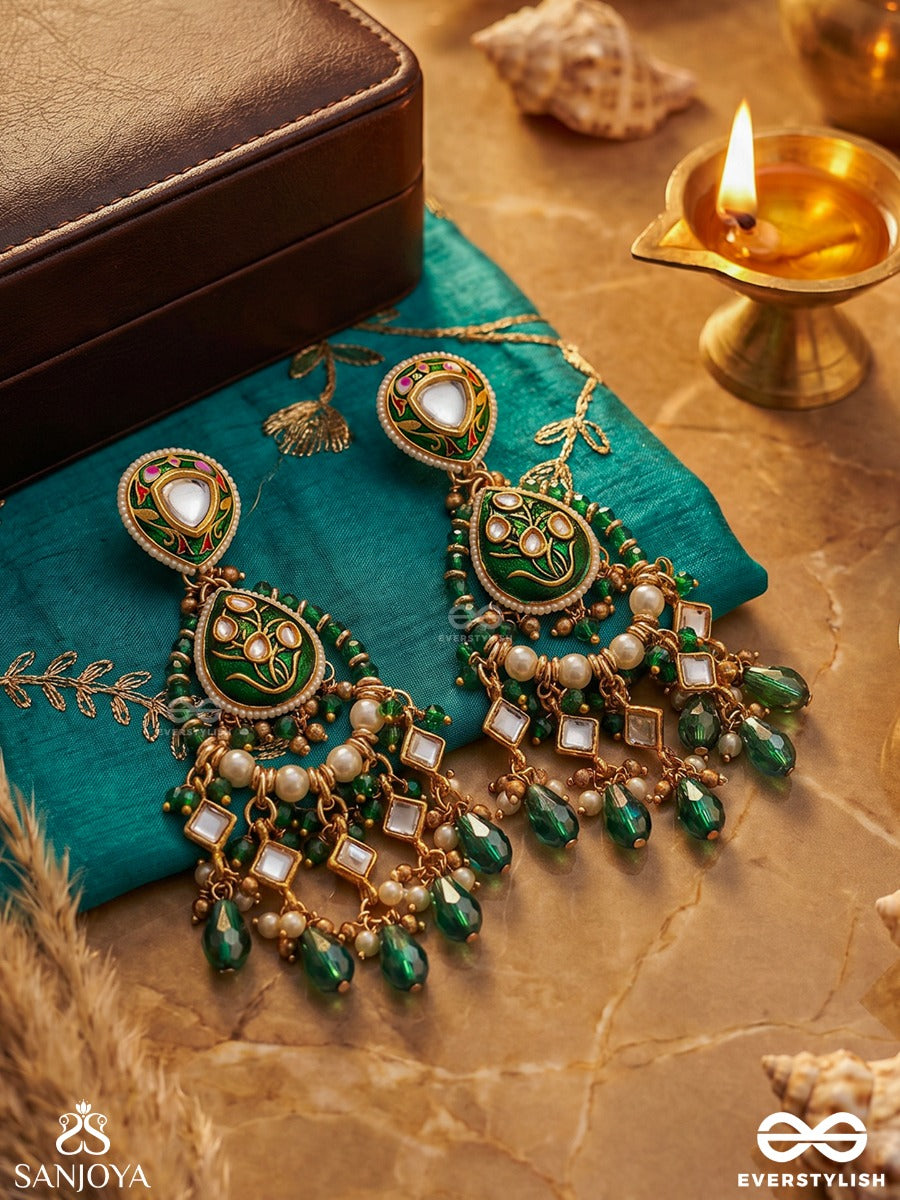 Haritjharna - Green Cascade - Statement Earrings With Enamelled Arch And Dangling Gem Fringe