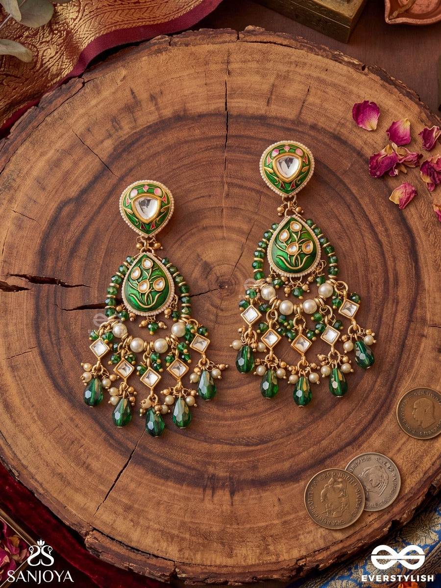 Haritjharna - Green Cascade - Statement Earrings With Enamelled Arch And Dangling Gem Fringe