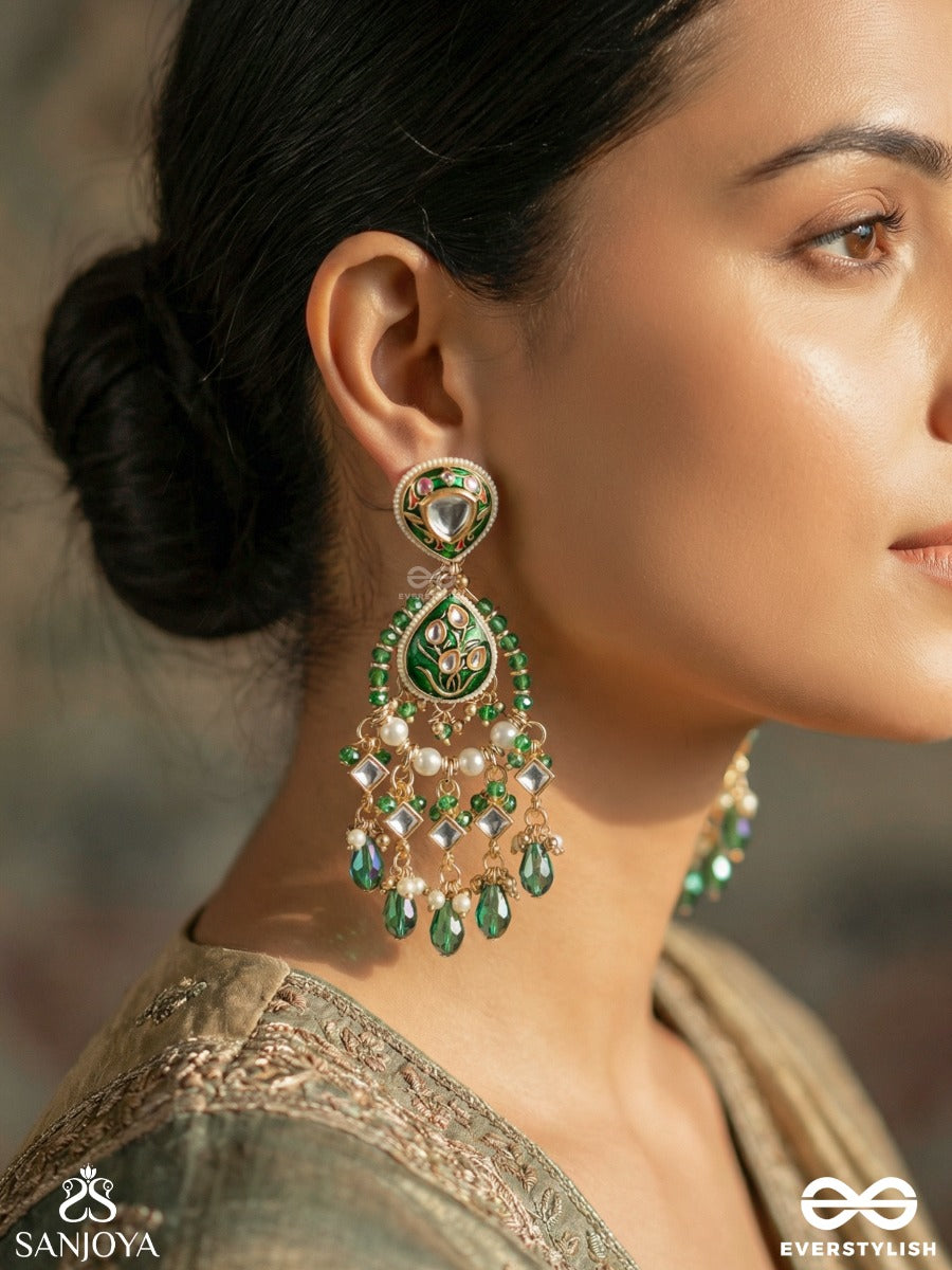 Haritjharna - Green Cascade - Statement Earrings With Enamelled Arch And Dangling Gem Fringe