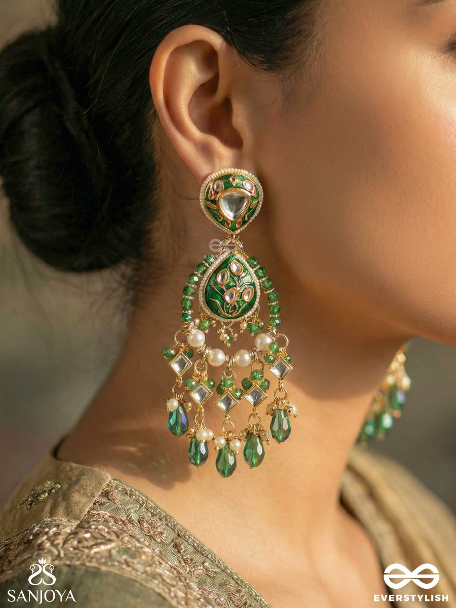 Haritjharna - Green Cascade - Statement Earrings With Enamelled Arch And Dangling Gem Fringe
