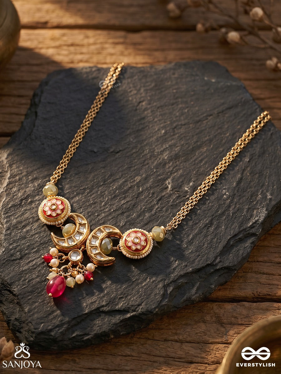 Shonaprabha- Radiance Of Gold And Red- Handcrafted Kundan Choker With Golden Moons And Red Beads