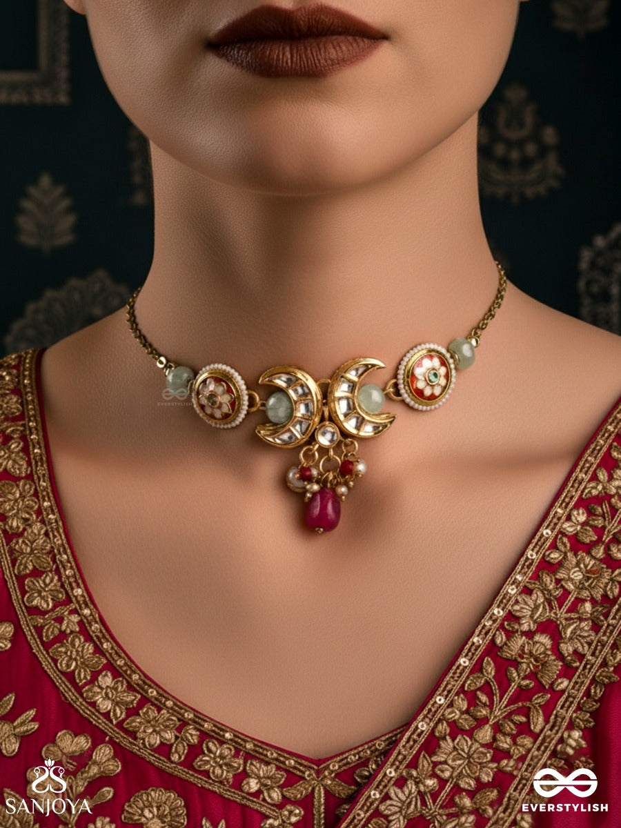 Shonaprabha- Radiance Of Gold And Red- Handcrafted Kundan Choker With Golden Moons And Red Beads