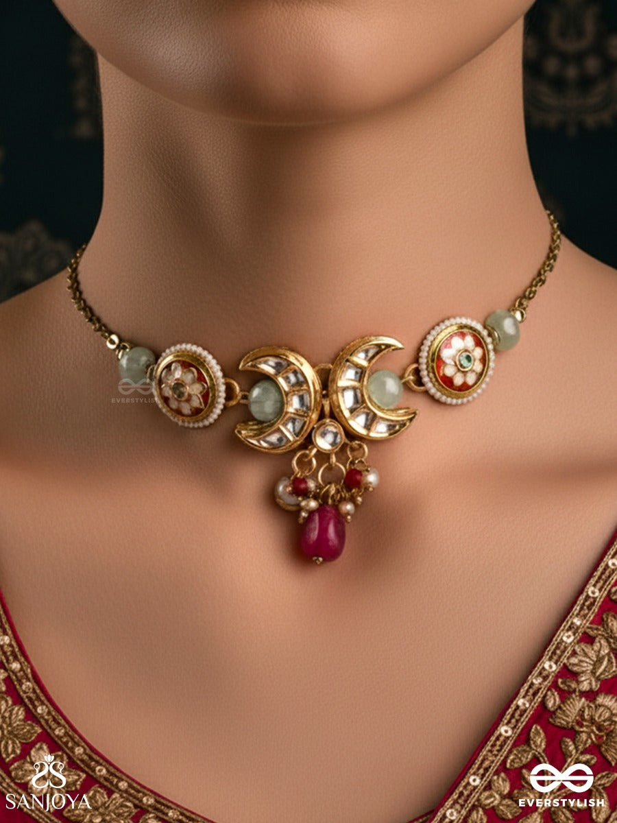 Shonaprabha- Radiance Of Gold And Red- Handcrafted Kundan Choker With Golden Moons And Red Beads