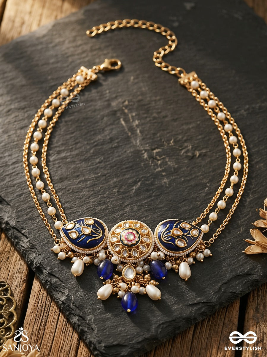 Nilachandrika- Moonlight Of The Blue Sky- Kundan Necklace With Deep Blue Enamel Work With Golden Details, Pearls, And Dazzling Gems