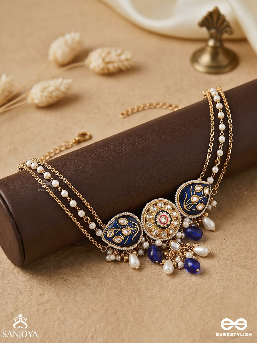 Nilachandrika- Moonlight Of The Blue Sky- Kundan Necklace With Deep Blue Enamel Work With Golden Details, Pearls, And Dazzling Gems