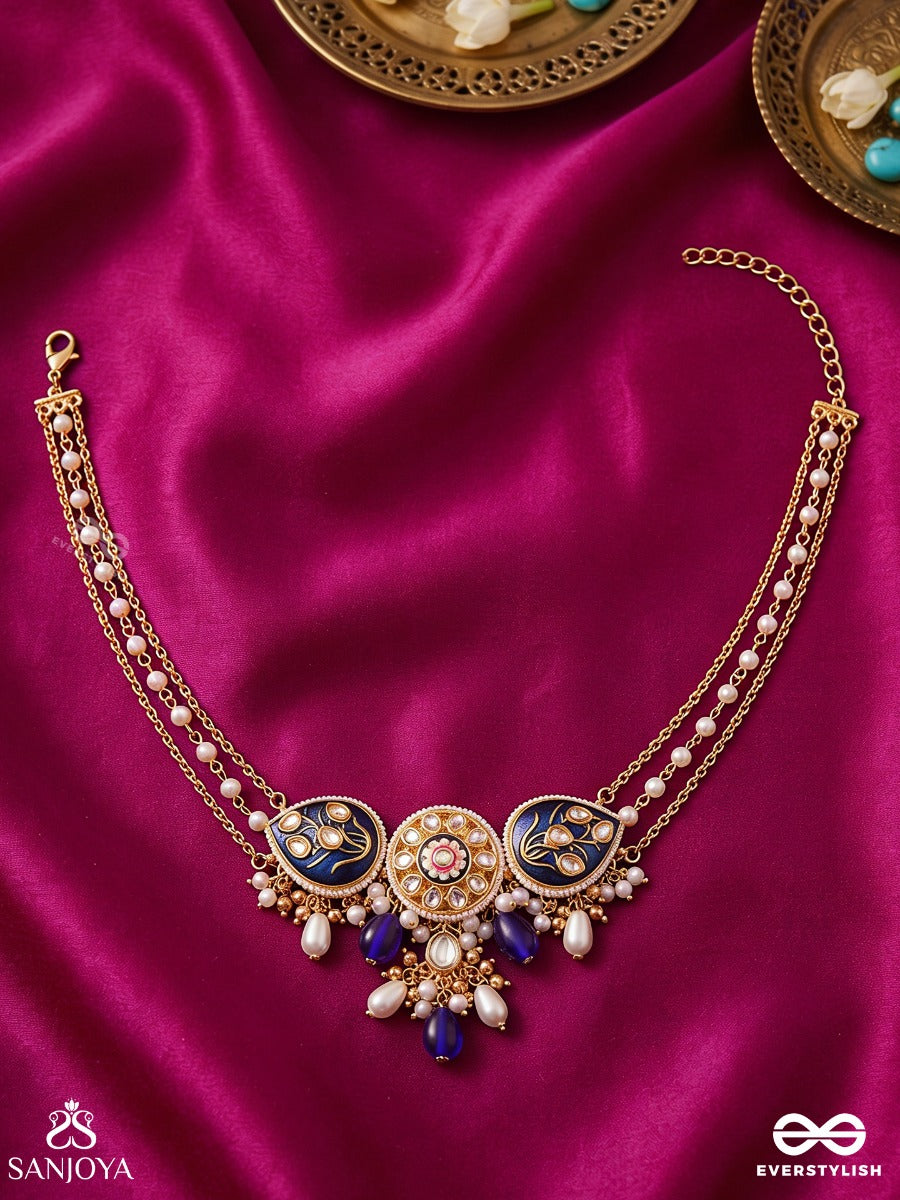 Nilachandrika- Moonlight Of The Blue Sky- Kundan Necklace With Deep Blue Enamel Work With Golden Details, Pearls, And Dazzling Gems