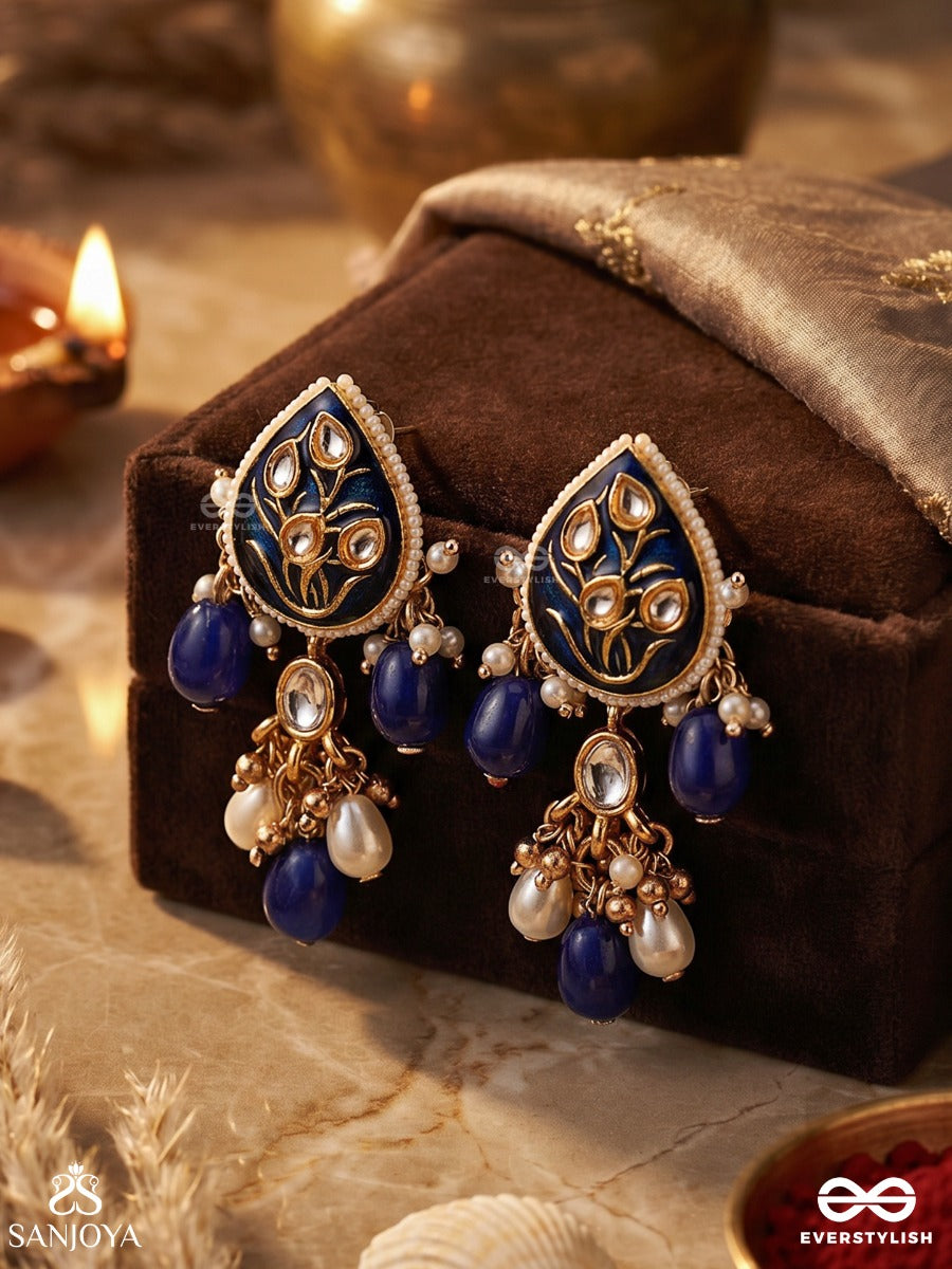 Nilachandrika- Moonlight Of The Blue Sky- Kundan Earrings With Deep Blue Enamel Work With Golden Details, Pearls, And Dazzling Gems