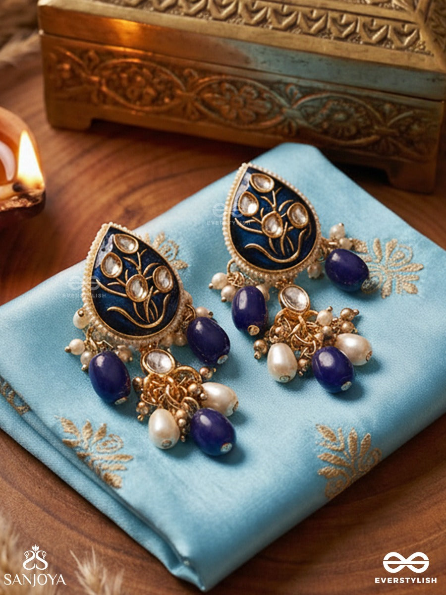 Nilachandrika- Moonlight Of The Blue Sky- Kundan Earrings With Deep Blue Enamel Work With Golden Details, Pearls, And Dazzling Gems