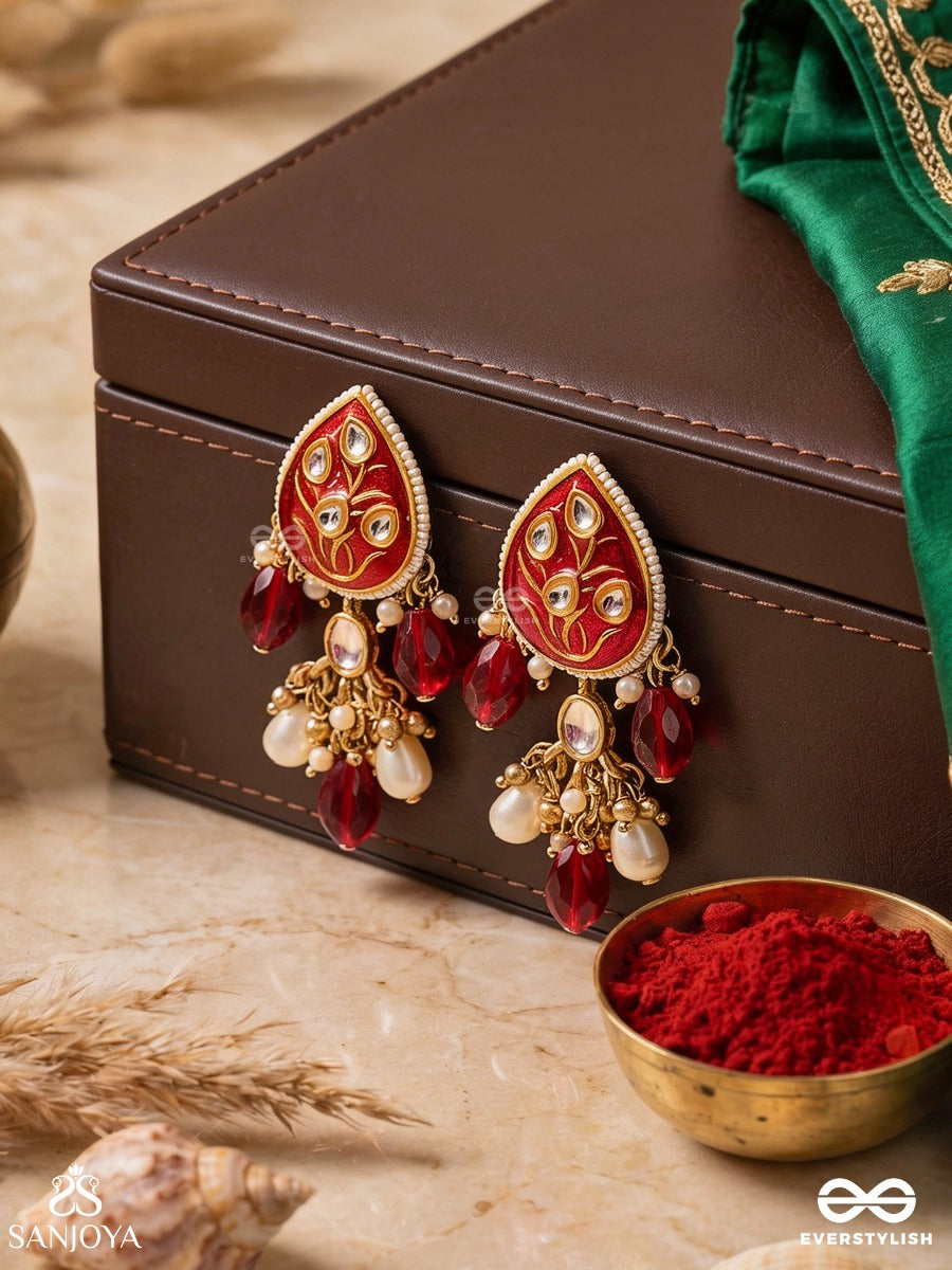 Arunamukhi- Face Of The Red Sun- Glorious Kundan Earrings With Red Enamel Details And Pearl Embellishments