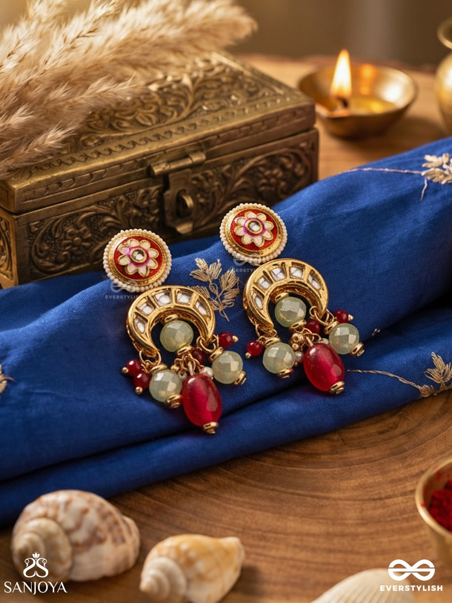 Shonaprabha- Radiance Of Gold And Red- Handcrafted Kundan Earrings With Golden Moons And Red Beads