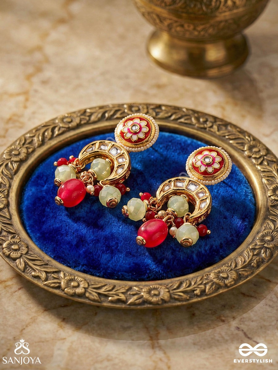 Shonaprabha- Radiance Of Gold And Red- Handcrafted Kundan Earrings With Golden Moons And Red Beads