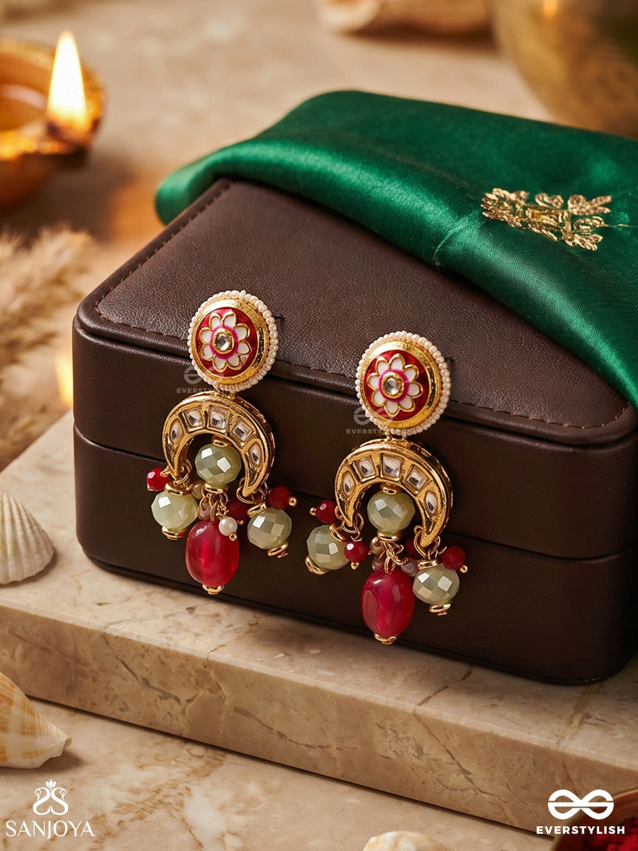 Shonaprabha- Radiance Of Gold And Red- Handcrafted Kundan Earrings With Golden Moons And Red Beads