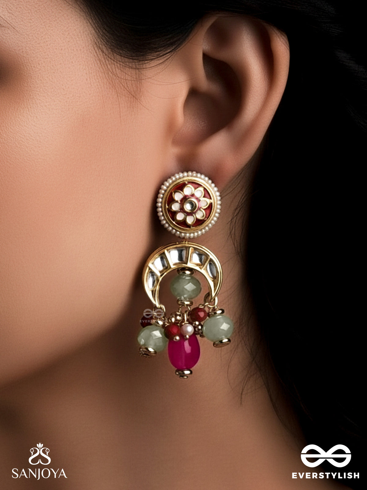 Shonaprabha- Radiance Of Gold And Red- Handcrafted Kundan Earrings With Golden Moons And Red Beads