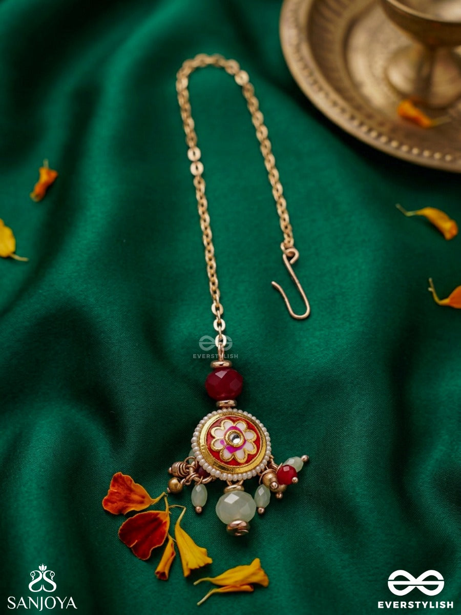 Shonaprabha- Radiance Of Gold And Red- Handcrafted Kundanmaangtika With Golden Moons And Red Beads