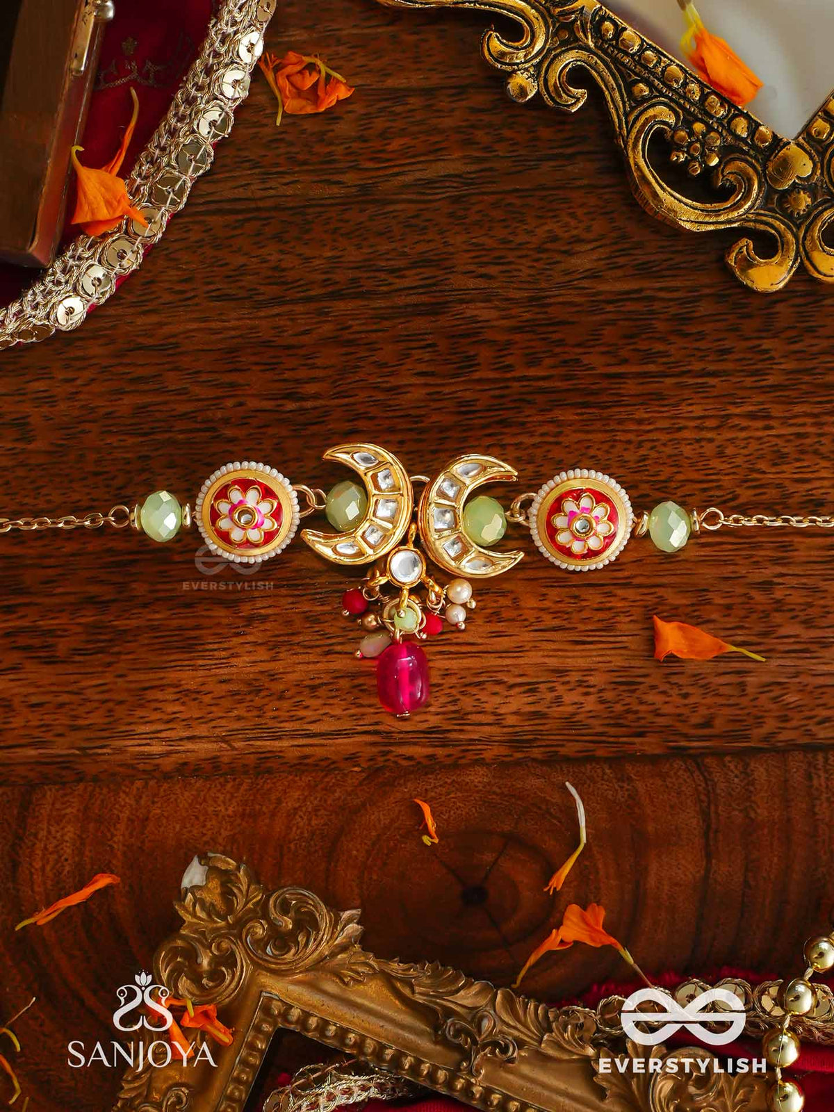 Shonaprabha- Radiance Of Gold And Red - Handmade Kundan Set With Necklace, Earrings And Maangtika