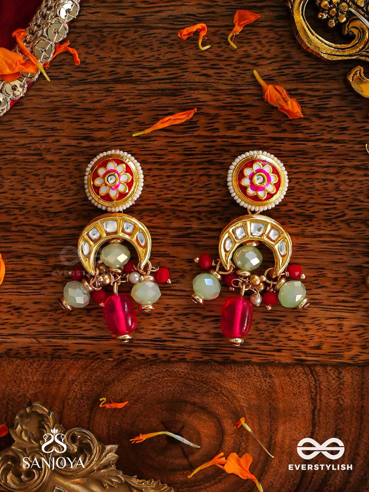 Shonaprabha- Radiance Of Gold And Red - Handmade Kundan Set With Necklace, Earrings And Maangtika