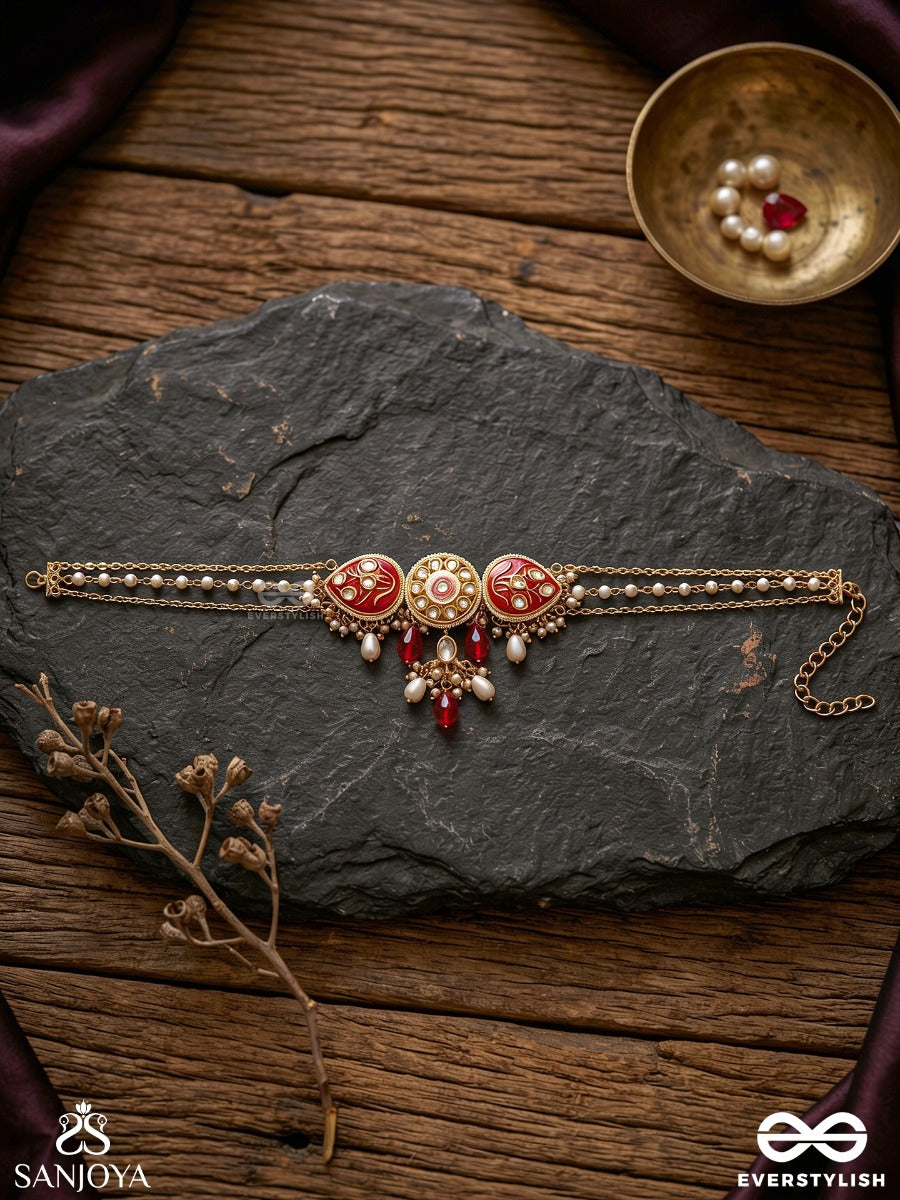 Arunamukhi- Face Of The Red Sun- Glorious Kundan Necklace With Red Enamel Details And Pearl Embellishments