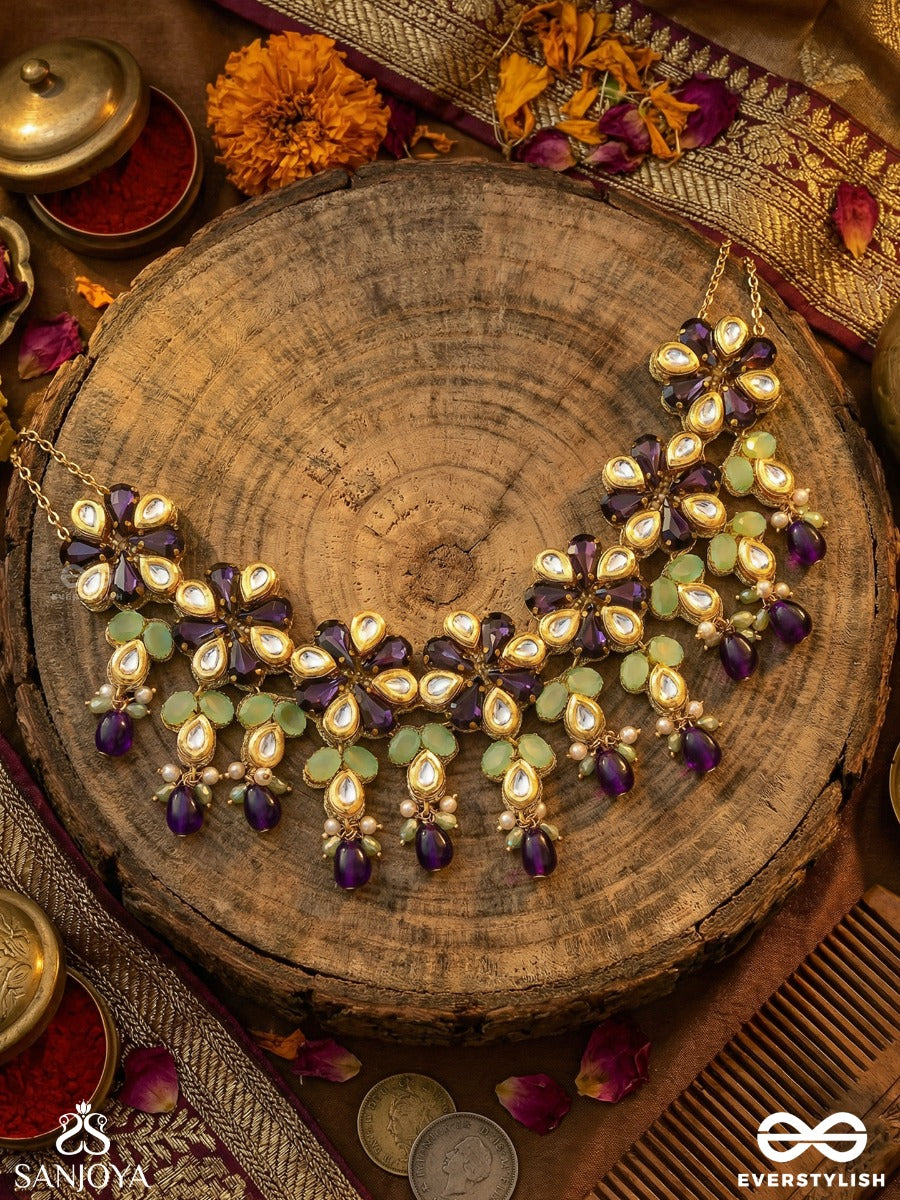 Neelanjali - Offering Of Blue - Festive Necklace With Floral Motifs, Multi-Stone Accents And Dangling Drop Details