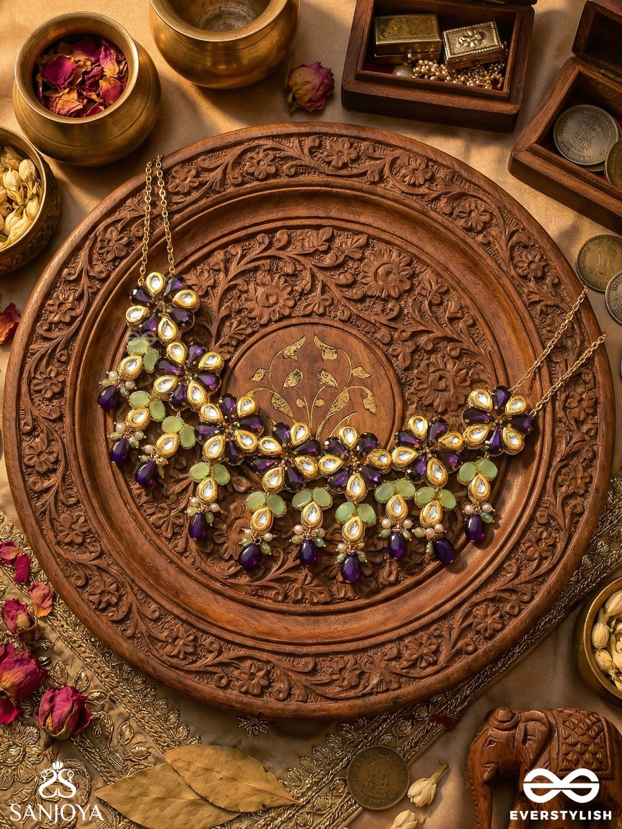 Neelanjali - Offering Of Blue - Festive Necklace With Floral Motifs, Multi-Stone Accents And Dangling Drop Details