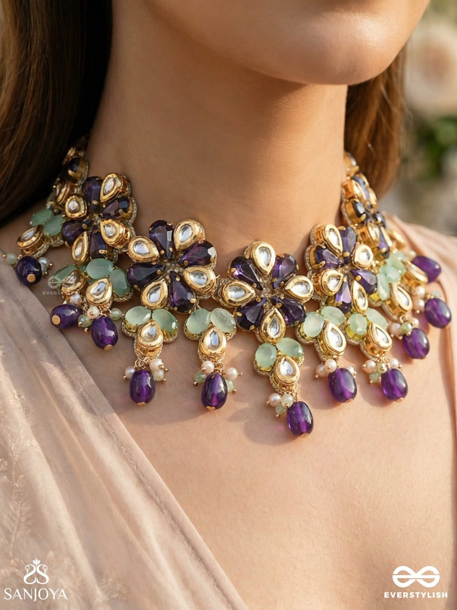 Neelanjali - Offering Of Blue - Festive Necklace With Floral Motifs, Multi-Stone Accents And Dangling Drop Details