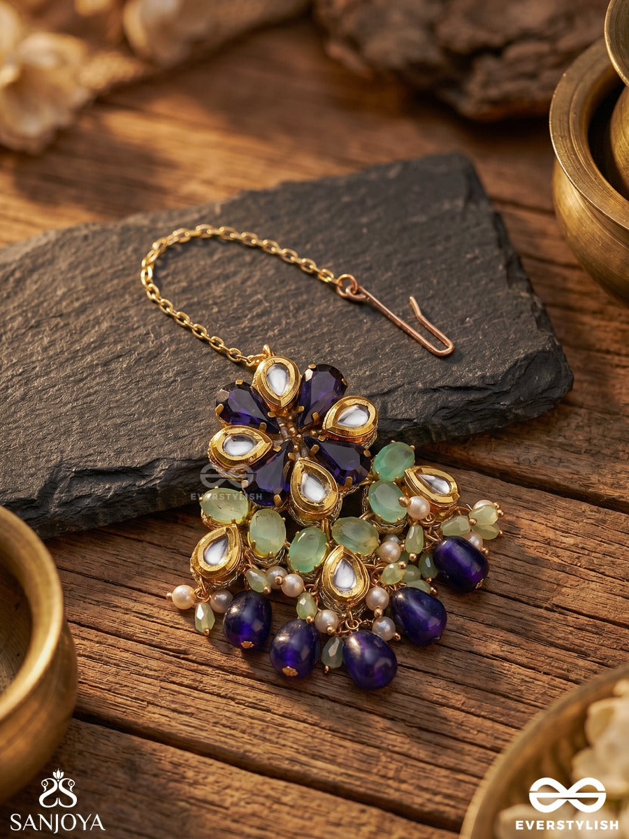 Neelanjali - Offering Of Blue - Delicate Maangtika With Embellished Floral Pendant And Multi-Stone Drop Accents