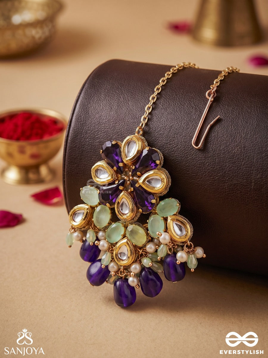 Neelanjali - Offering Of Blue - Delicate Maangtika With Embellished Floral Pendant And Multi-Stone Drop Accents