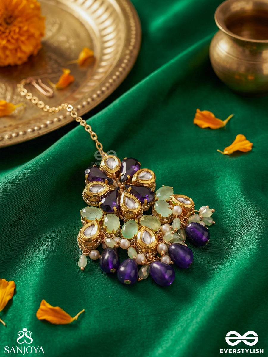 Neelanjali - Offering Of Blue - Delicate Maangtika With Embellished Floral Pendant And Multi-Stone Drop Accents