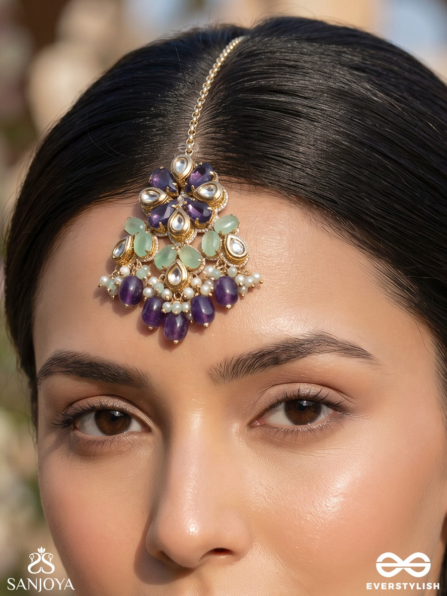 Neelanjali - Offering Of Blue - Delicate Maangtika With Embellished Floral Pendant And Multi-Stone Drop Accents