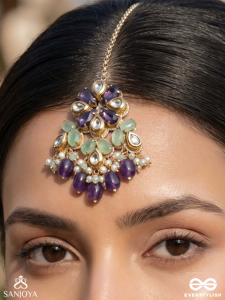 Neelanjali - Offering Of Blue - Delicate Maangtika With Embellished Floral Pendant And Multi-Stone Drop Accents
