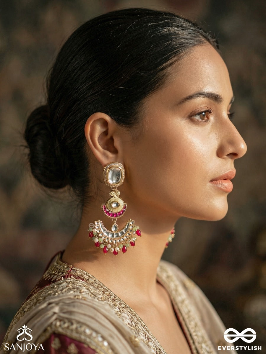 Chandrapankhi - Moon Arc - Ornate Earrings With Crescent Frame And Pearl Drop Fringe