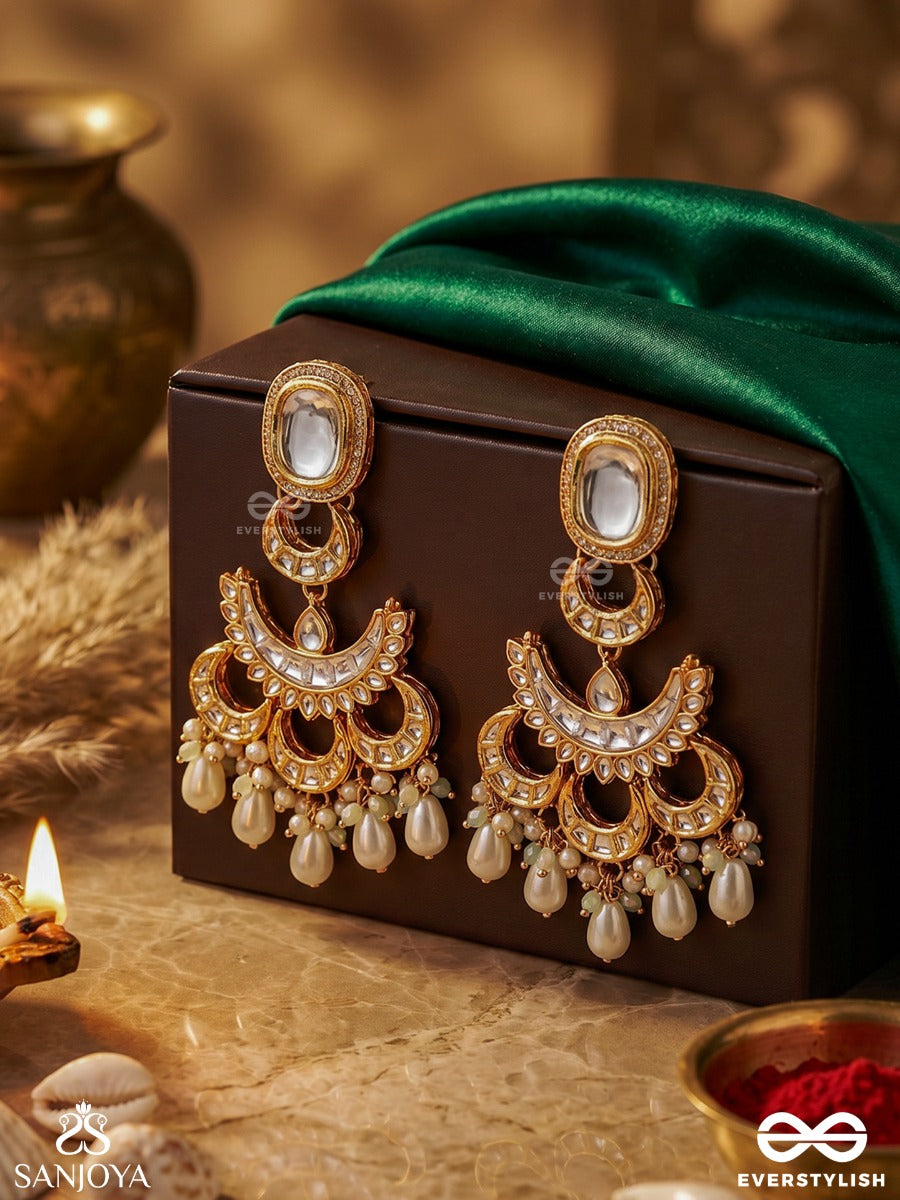 Tanmayi - Absorbed In Beauty - Statement Earrings With Ornamental Arch And Pearl Drop Accents