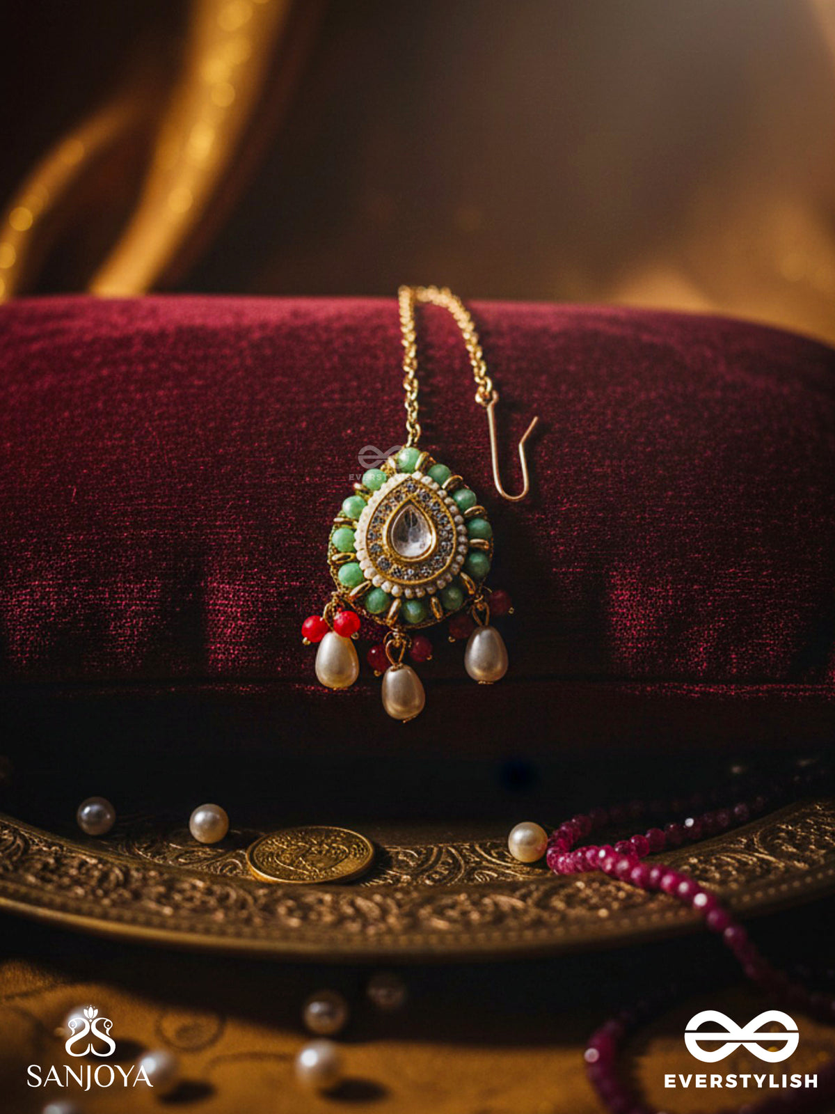 Vibhavari - Night Full Of Splendor - Multi-Color Enamelled Kundan Maangtika With Pearls And Beads