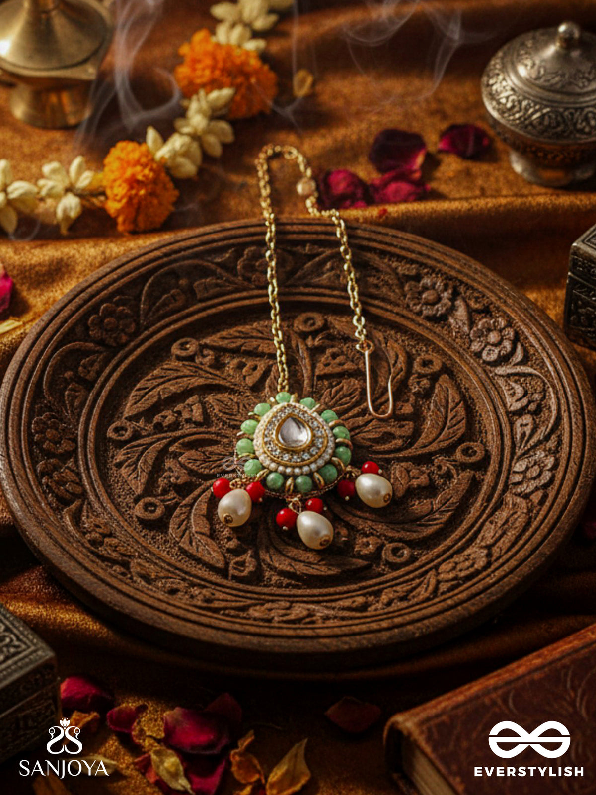 Vibhavari - Night Full Of Splendor - Multi-Color Enamelled Kundan Maangtika With Pearls And Beads