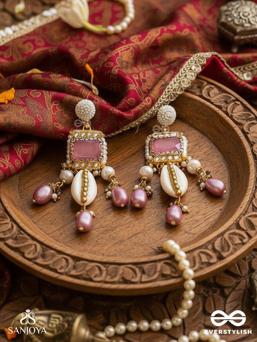 Manohara - Charming Beauty- Royal Kundan Earrings With Pearl Strings, Shells And Pink Gem Embellishments