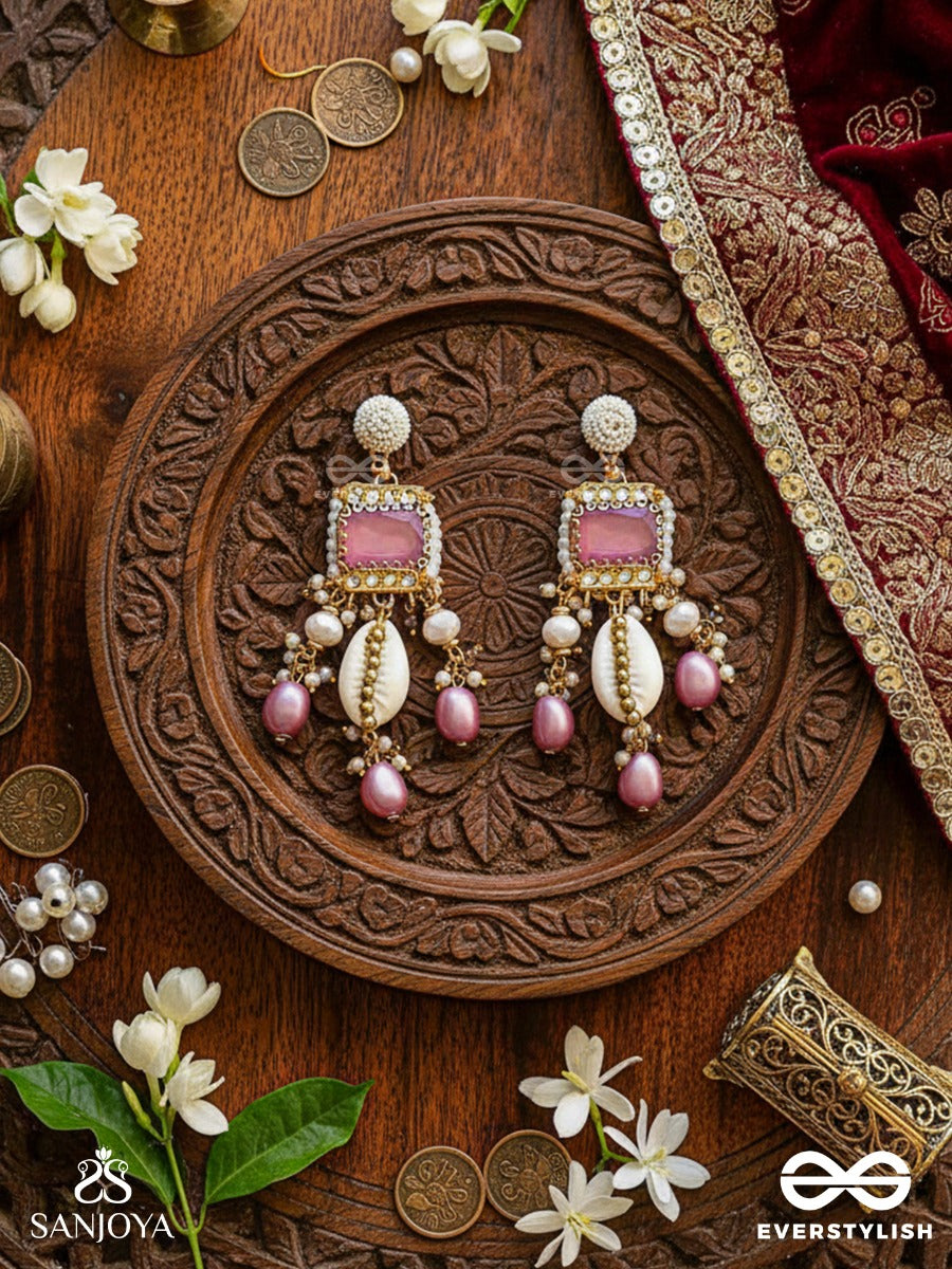 Manohara - Charming Beauty- Royal Kundan Earrings With Pearl Strings, Shells And Pink Gem Embellishments