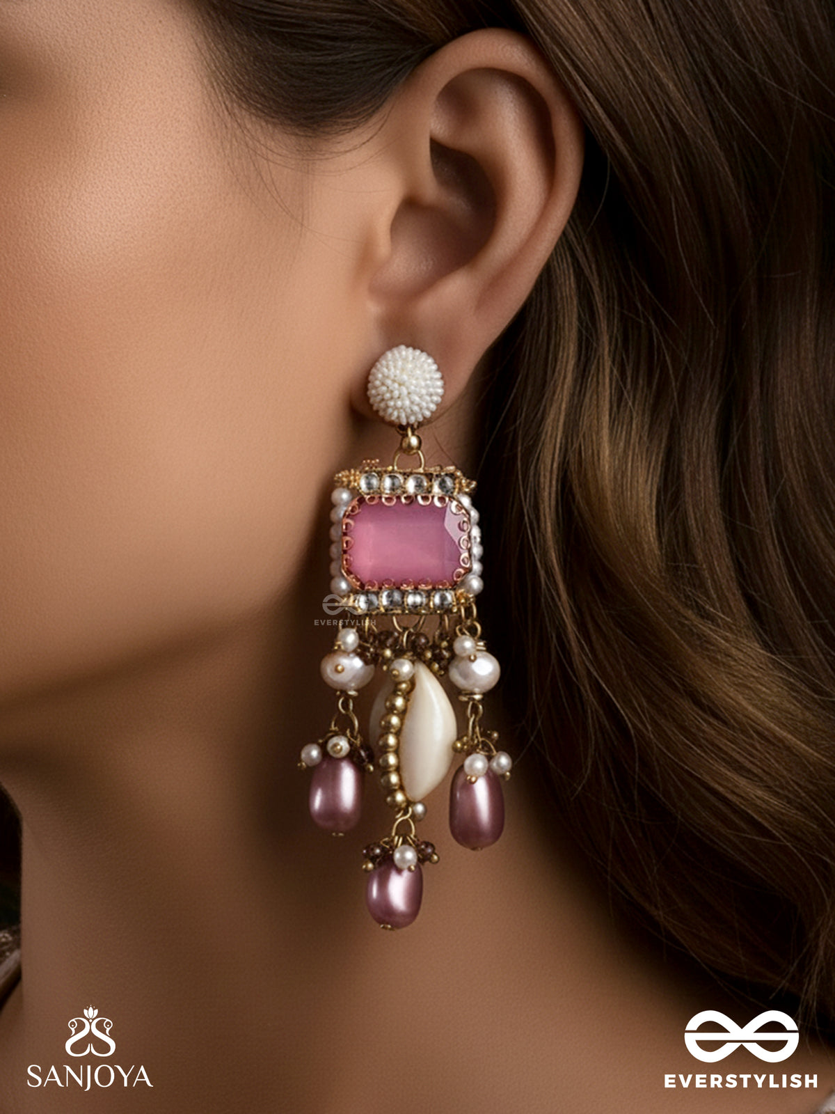 Manohara - Charming Beauty- Royal Kundan Earrings With Pearl Strings, Shells And Pink Gem Embellishments