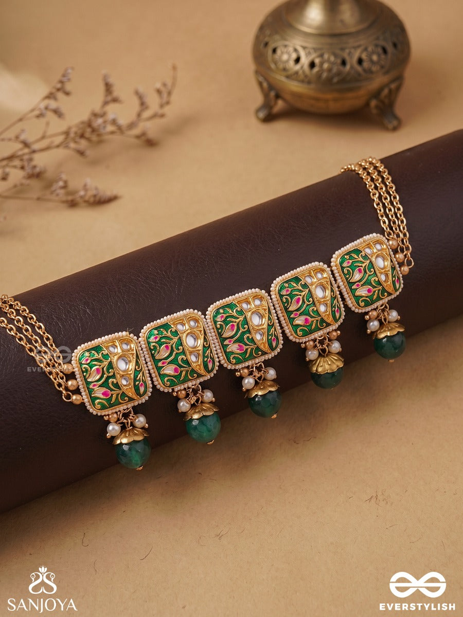 Vanashree - Queen Of The Forest- Mesmerizing Necklace With Vibrant Green And Golden Accents, Adorned With Kundan And Pearls