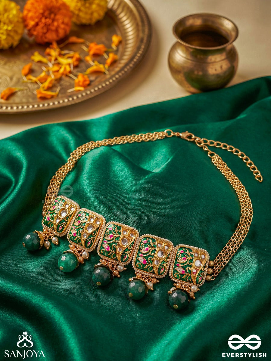 Vanashree - Queen Of The Forest- Mesmerizing Necklace With Vibrant Green And Golden Accents, Adorned With Kundan And Pearls