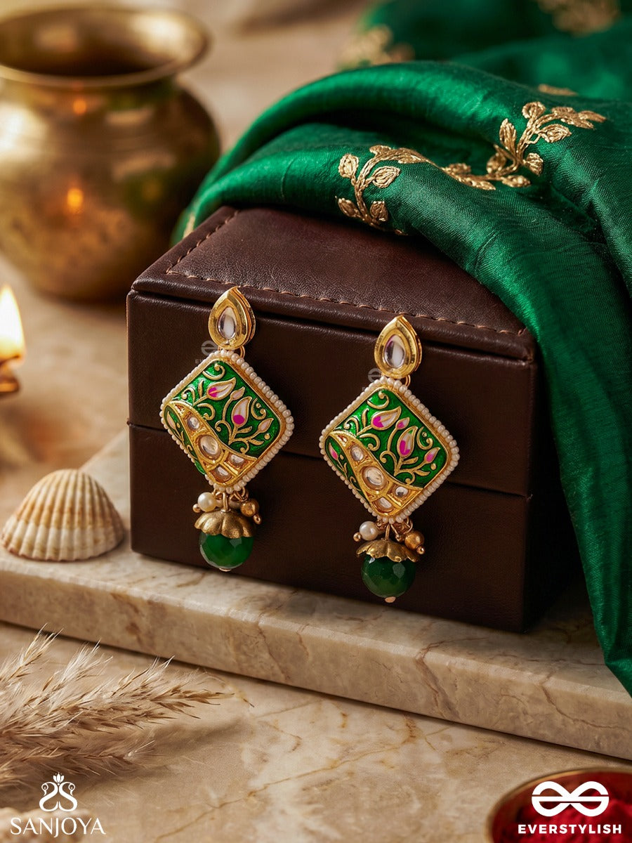 Vanashree - Queen Of The Forest- Mesmerizing Earrings With Vibrant Green And Golden Accents, Adorned With Kundan And Pearls