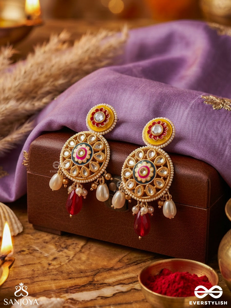 Divyanjali - Divine Offering- Kundan, Pearls, And Red Stones Handmade Earrings