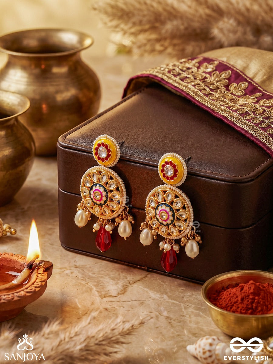 Divyanjali - Divine Offering- Kundan, Pearls, And Red Stones Handmade Earrings