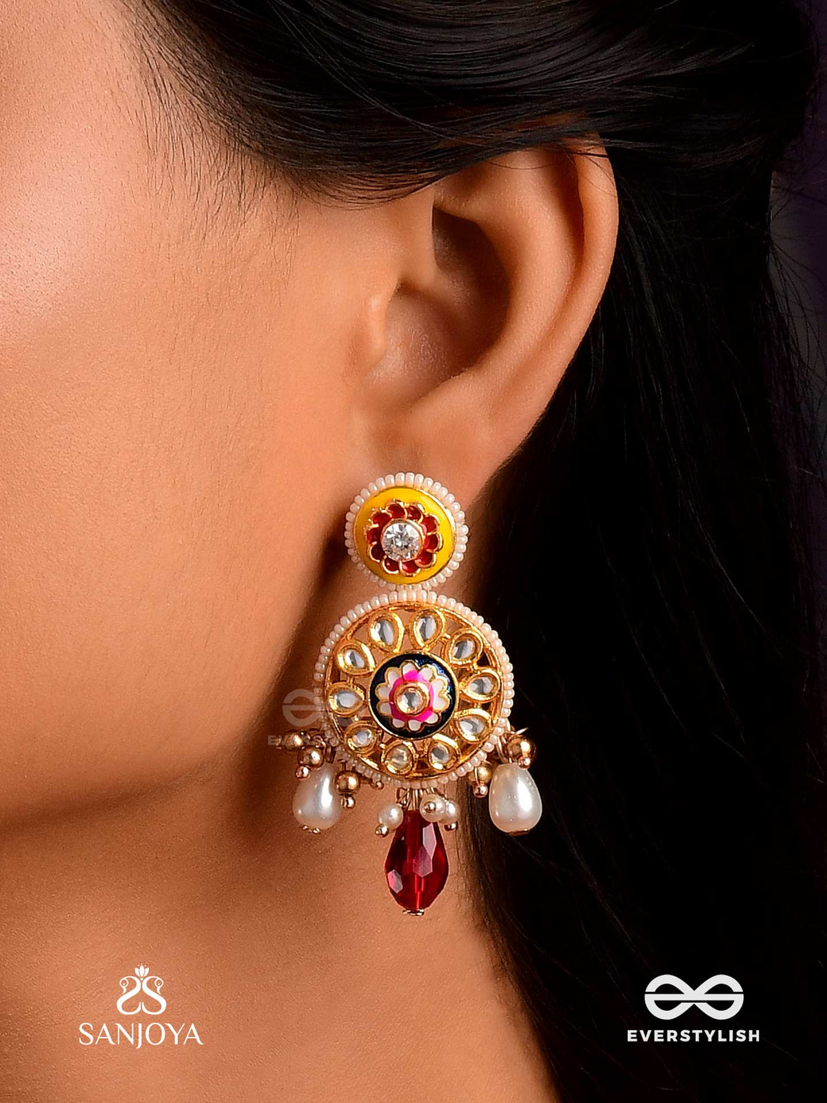 Divyanjali - Divine Offering- Kundan, Pearls, And Red Stones Handmade Earrings